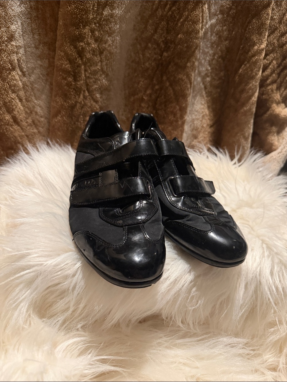Prada Black Patent Leather Velcro Flats